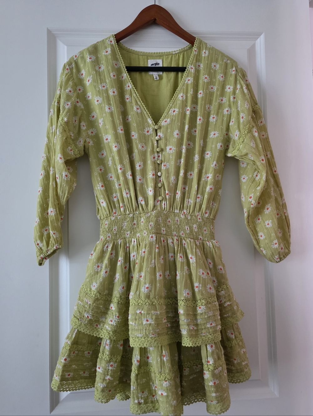 Aerie Rock 'n' Ruffle Floral Mini Dress Green Womens XS Daisy Cottage Core  Boho